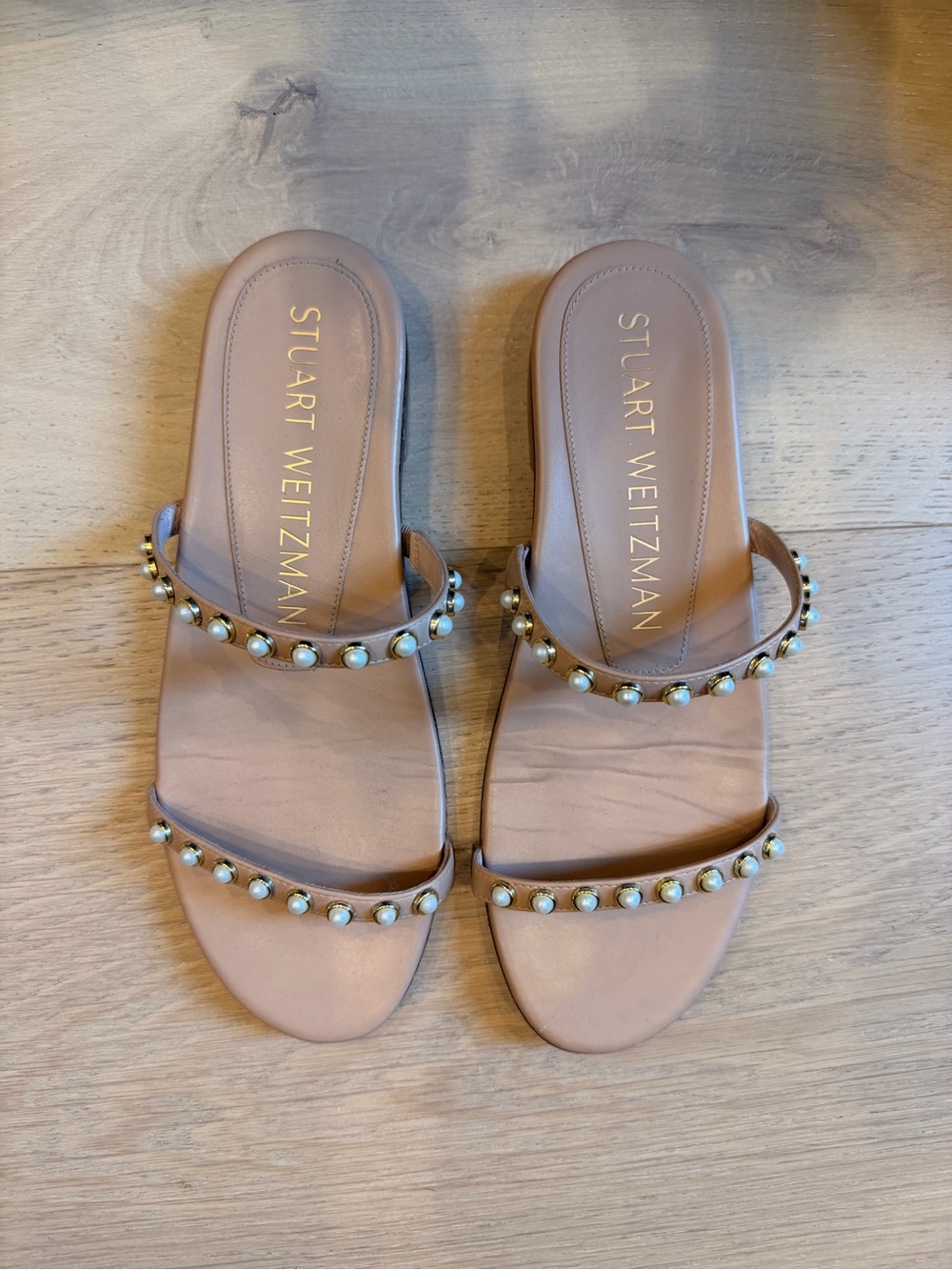 Stuart Weitzman Blush Leather Pearl-Trim Double-Strap Slide Sandals